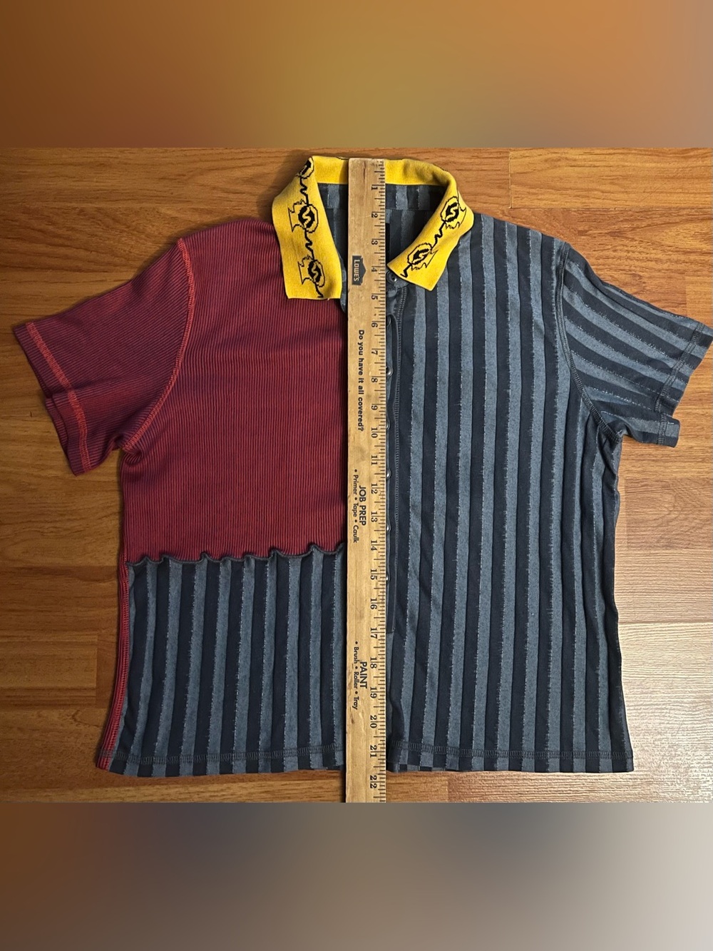 Brain Dead Two-Tone Striped Short Sleeve Polo in Red, Gray & Yellow Collar - Picture 3 of 5